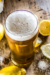 Beer , lemon and salt. Ingredientes for michelada - latin american mexican chilean beer drink