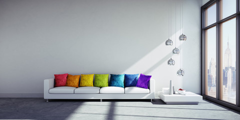 Sofa mit bunten Kissen im Loft 3D Rendering - obrazy, fototapety, plakaty