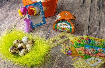 Fototapeta premium Easter eggs table decoration with pictures and stickers iron-on transfers for eggs