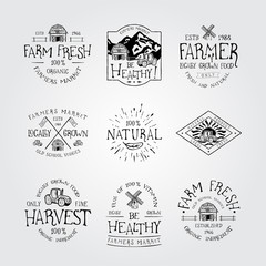 Fototapeta premium SET OF BADGE FOR FARMERS MARKET, FARM FRESH AND NATURAL FOOD LOCAL GROWN. Handmade the barn, tractor, mill retro style. Design fashion badge for print. Graphic vintage vector label logo tag template.