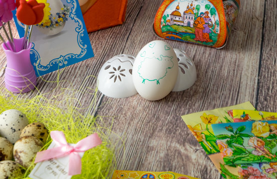 Easter eggs table decoration with pictures and stickers iron-on transfers for eggs