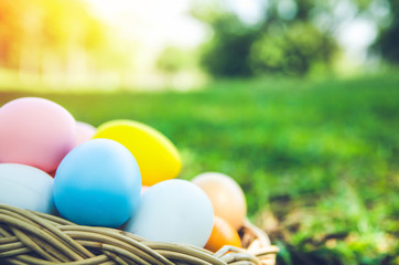 Easter eggs on green grass. Spring holidays concept