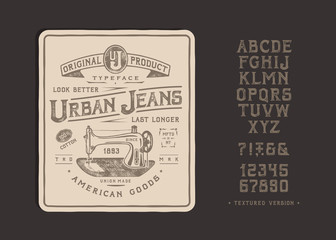 FONT URBAN JEANS. Craft vintage typeface design. Fashion type. Serif alphabet. Pop modern display vector letters. Drawn SEWING MACHINE in graphic style. Set of Latin characters, numbers, punctuation