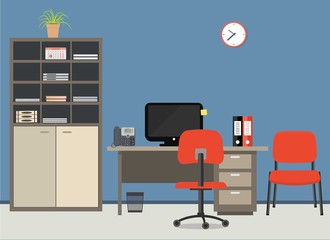 Workplace of office worker. There is a desktop, a case for documents, a chairs, a computer, a phone and other objects in red colors in the picture. Vector flat illustration.