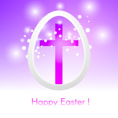 Beautiful Easter egg with cross on pink background with glow and bokeh particles