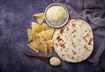 Mexican tortillas, nacho chips and corn flour