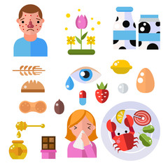 Allergy symbols disease healthcare tablets viruses and health flat label people with illness allergen symptoms disease information vector illustration.