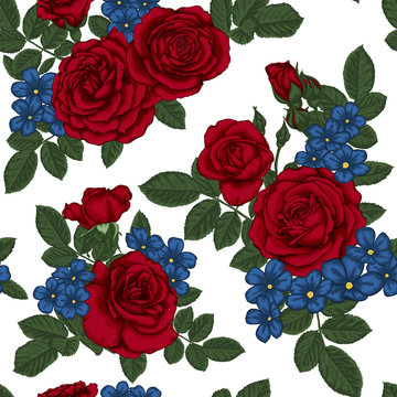 beautiful vintage seamless pattern with bouquets of red roses and leaves.