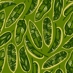 Seamless pattern with banana leaves on a green background. Tropical background. Vector illustration.