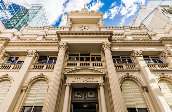 Building of the National Bank of Argentina in Buenos Aires on a sunny day against blue sky with white clouds