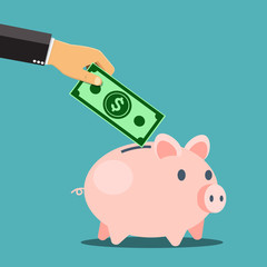 Vector saving money concept,hand put money into piggy bank.