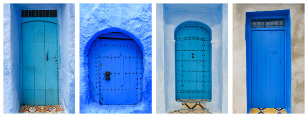 Collage of blue doors, Morocco