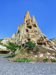 A geological formation consisting of volcanic tuff with cave dwelling. Cave monastery in Goreme Open Air Museum. Cappadocia in Central Anatolia is a UNESCO World Heritage Site since 1985, Turkey