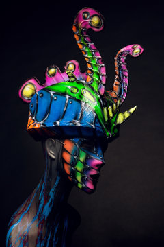 Mannequin girl in airbrush mask and headwear