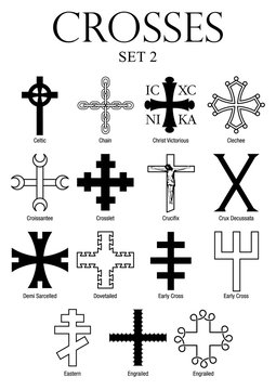 Set of crosses with names on white background. Size A4 - Vector image
