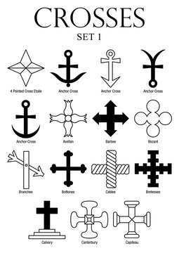 Set of crosses with names on white background. Size A4 - Vector image