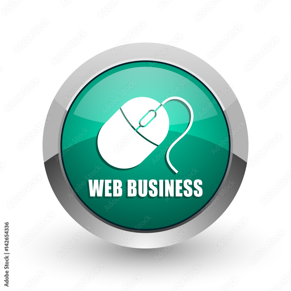 Aufkleber Web business silver metallic chrome web design green round internet icon with shadow on white background.