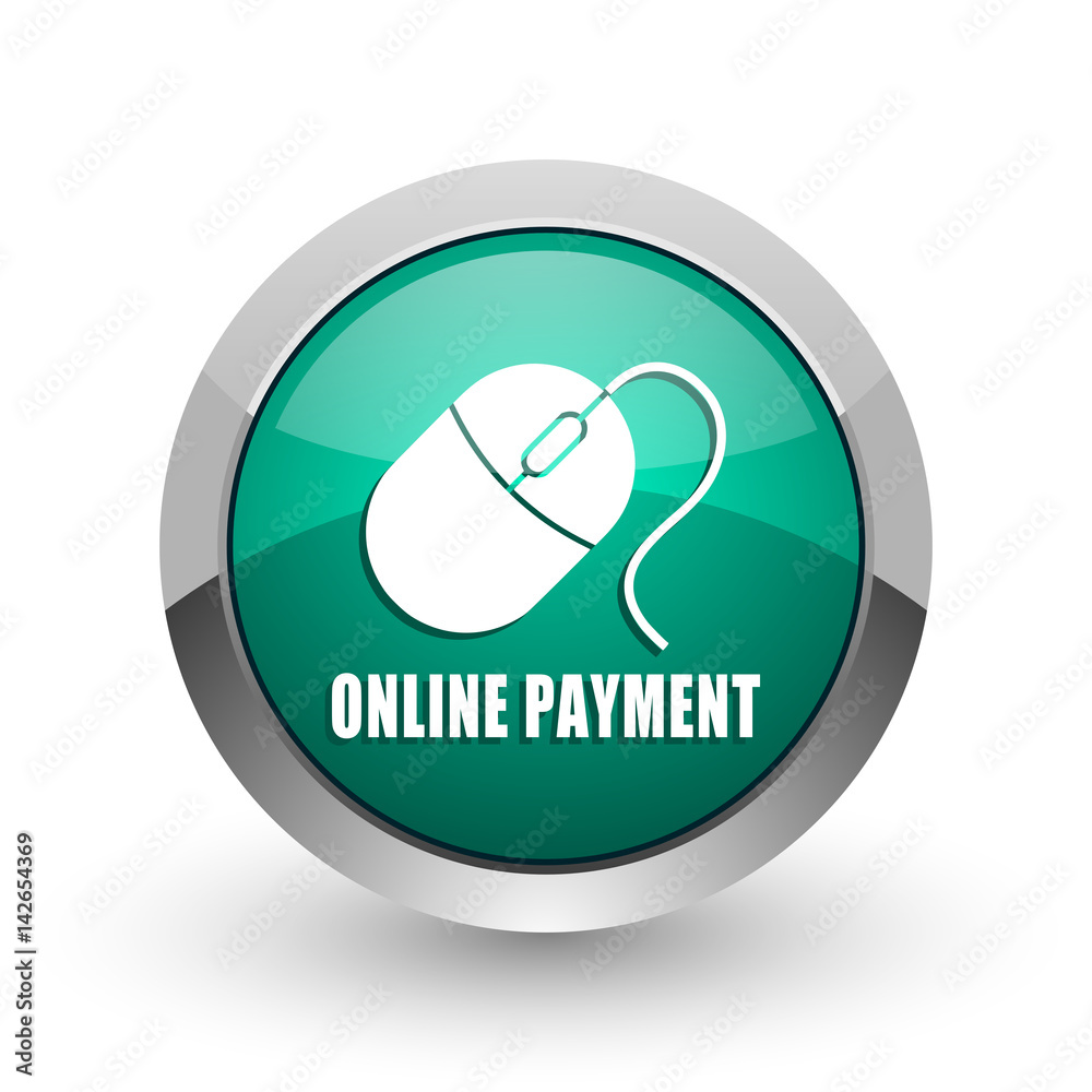 Poster online payment silver metallic chrome web design green round internet icon with shadow on white back