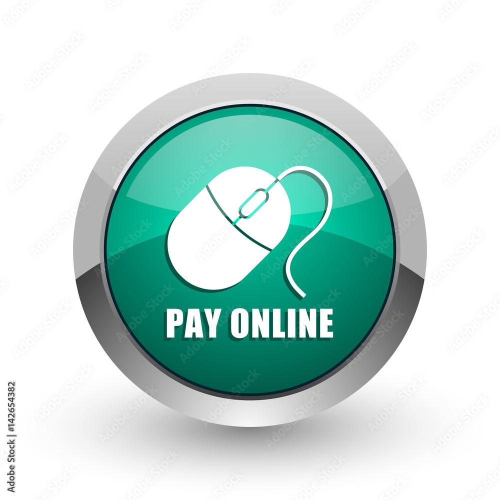 Poster pay online silver metallic chrome web design green round internet icon with shadow on white backgrou
