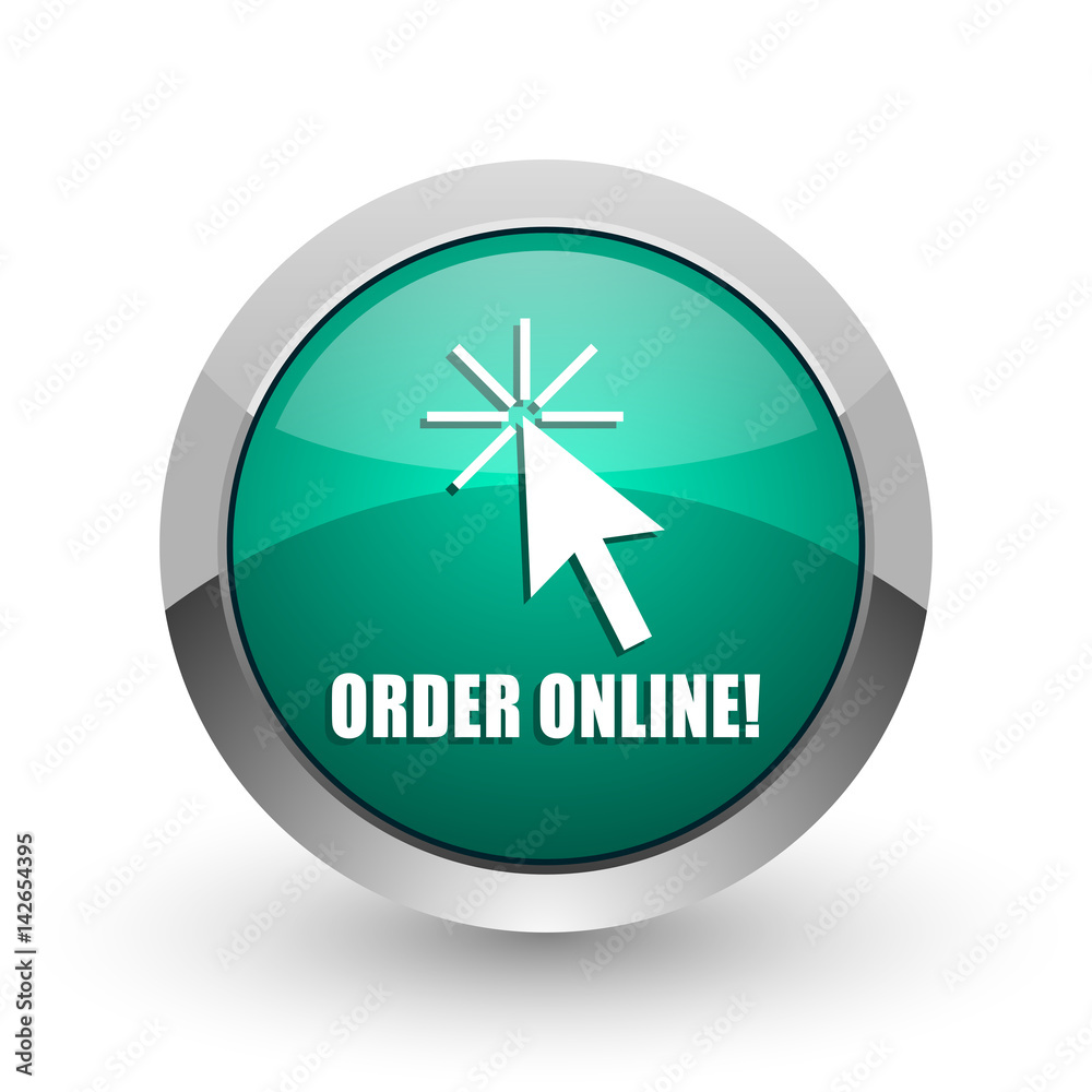 Poster order online silver metallic chrome web design green round internet icon with shadow on white backgr