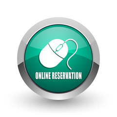 Online reservation silver metallic chrome web design green round internet icon with shadow on white background.