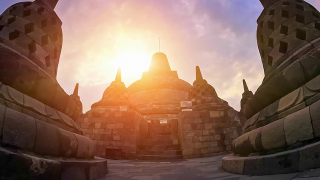 Magnificent sunset sky view of Borobudur Buddhist temple ancient monument. Java Indonesia travel landmark and famous tourist destination site in Asia