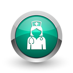 Nurse silver metallic chrome web design green round internet icon with shadow on white background.