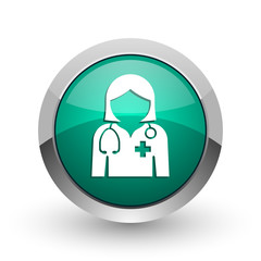 Doctor silver metallic chrome web design green round internet icon with shadow on white background.