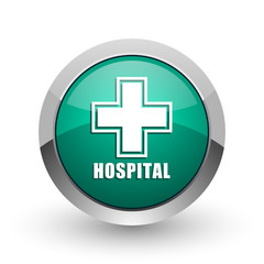 Hospital silver metallic chrome web design green round internet icon with shadow on white background.