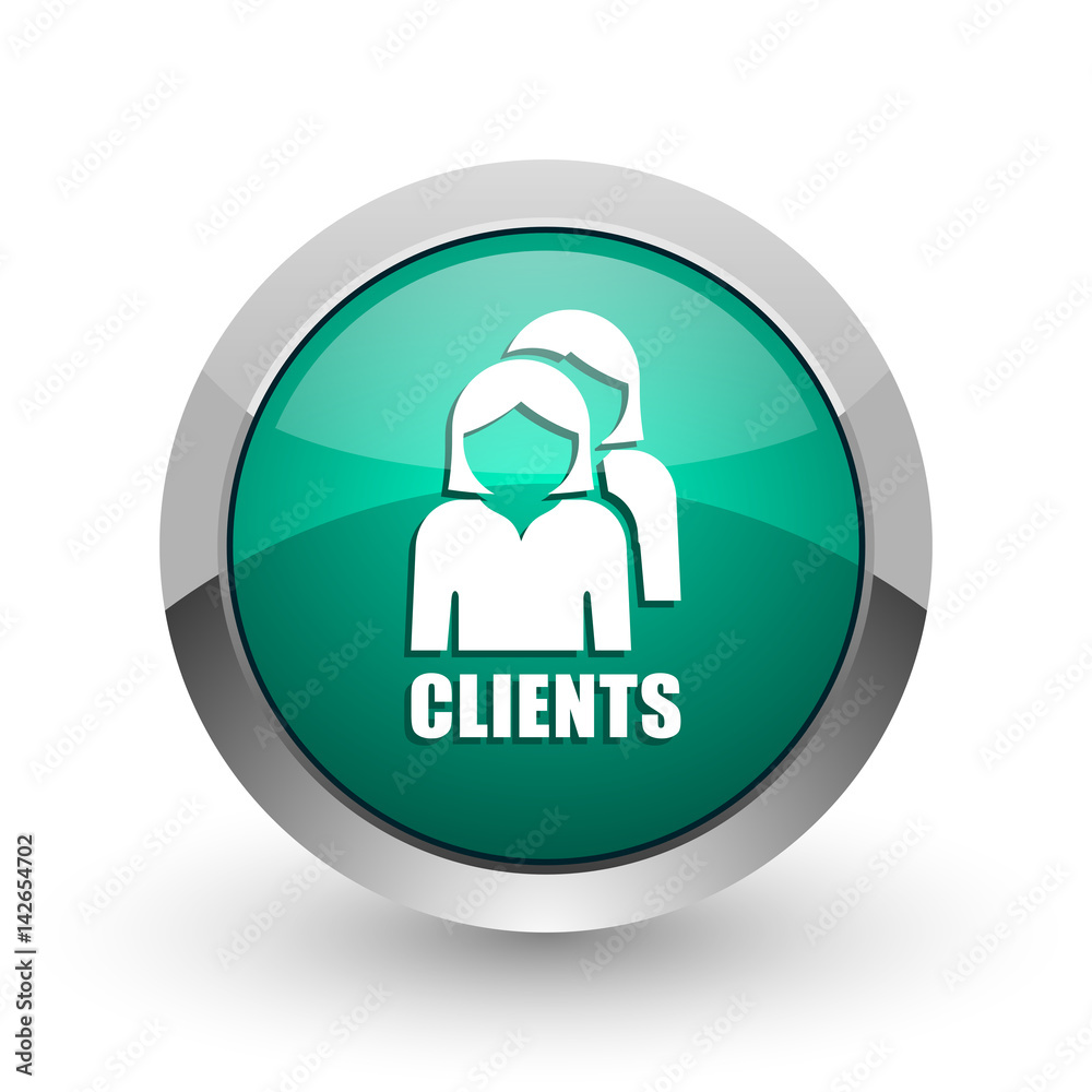 Aufkleber Clients silver metallic chrome web design green round internet icon with shadow on white background.