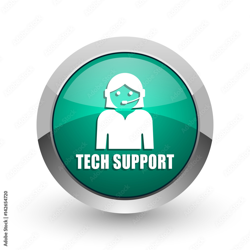 Poster Support silver metallic chrome web design green round internet icon with shadow on white background.