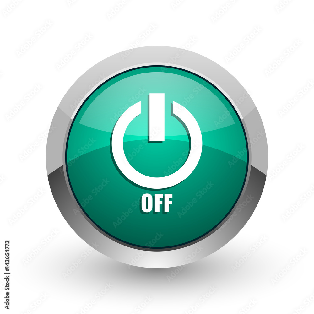 Aufkleber power off silver metallic chrome web design green round internet icon with shadow on white backgroun