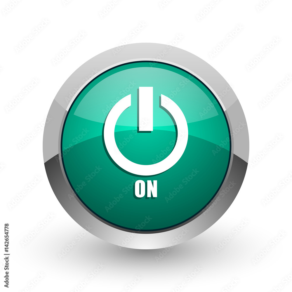 Poster power on silver metallic chrome web design green round internet icon with shadow on white background