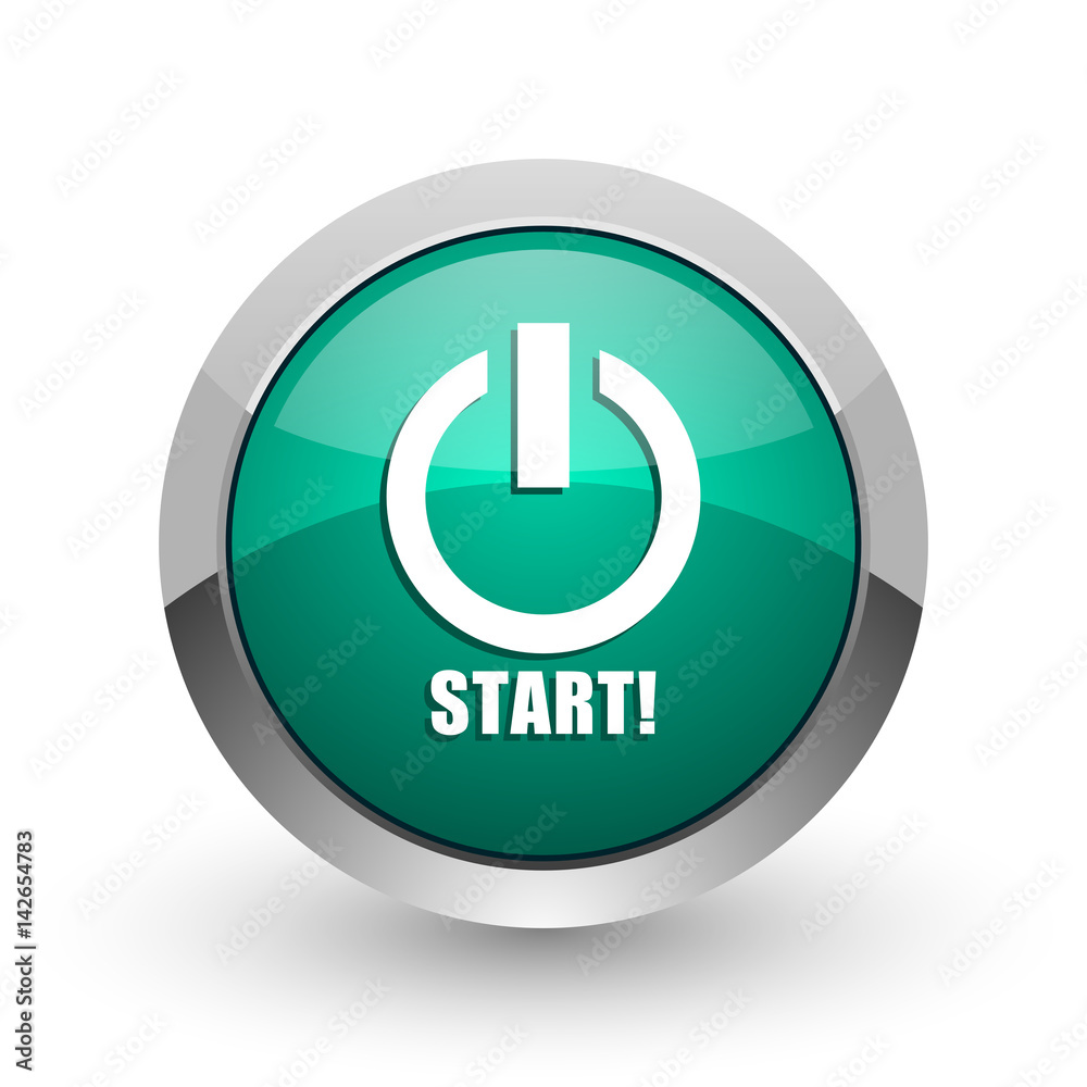 Poster start silver metallic chrome web design green round internet icon with shadow on white background.