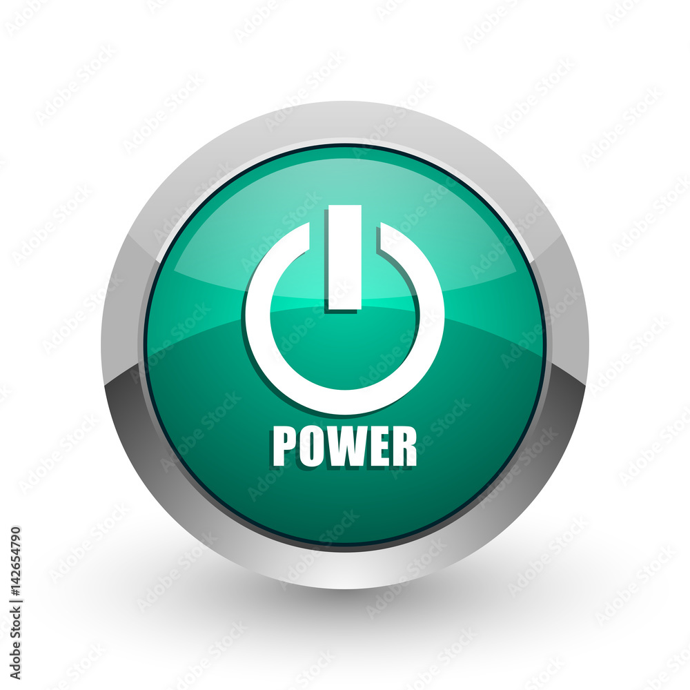 Aufkleber power silver metallic chrome web design green round internet icon with shadow on white background.