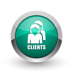 Clients silver metallic chrome web design green round internet icon with shadow on white background.