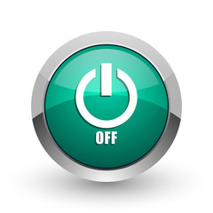 Power off silver metallic chrome web design green round internet icon with shadow on white background.