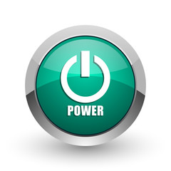Power silver metallic chrome web design green round internet icon with shadow on white background.