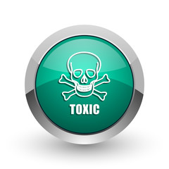 Toxic skull silver metallic chrome web design green round internet icon with shadow on white background.