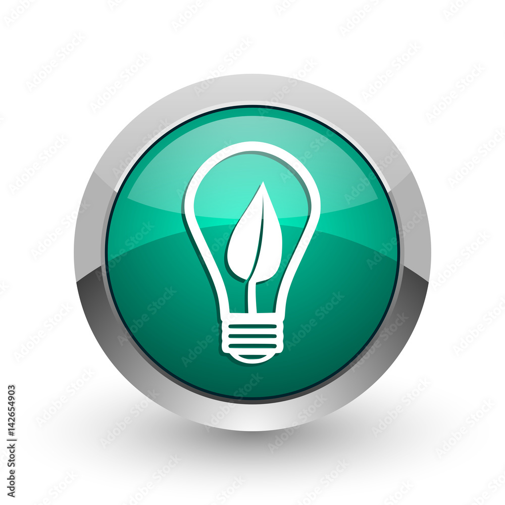 Poster green energy light bulb silver metallic chrome web design green round internet icon with shadow on w