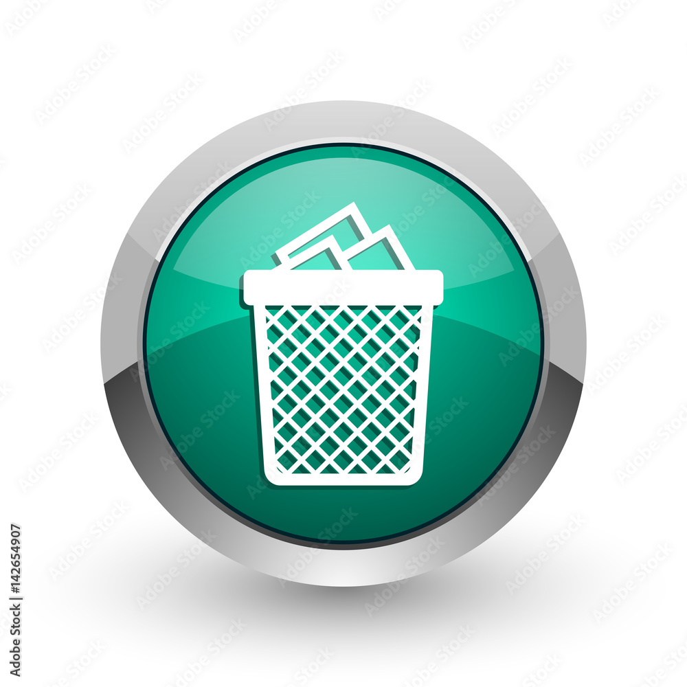 Leinwandbilder trash can silver metallic chrome web design green round internet icon with shadow on white backgroun