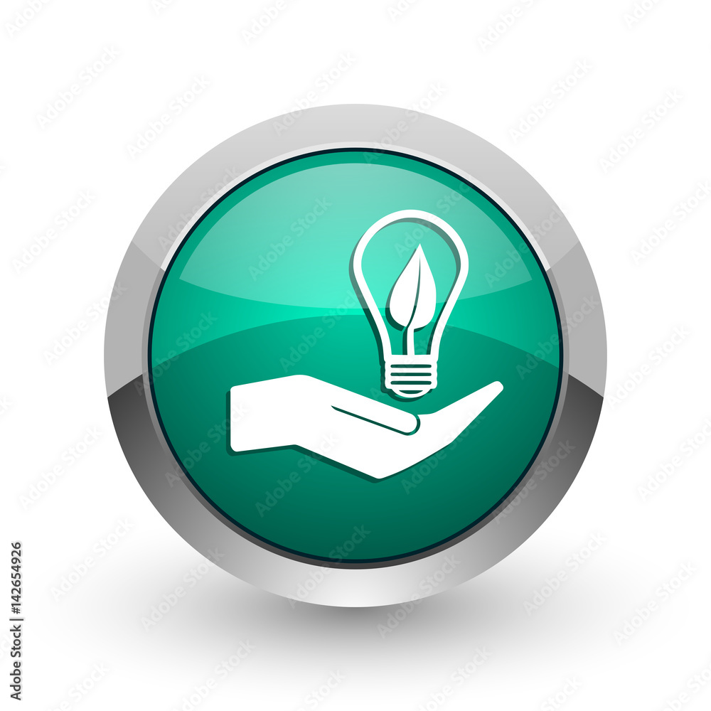 Poster ecology bulb on hand silver metallic chrome web design green round internet icon with shadow on whit