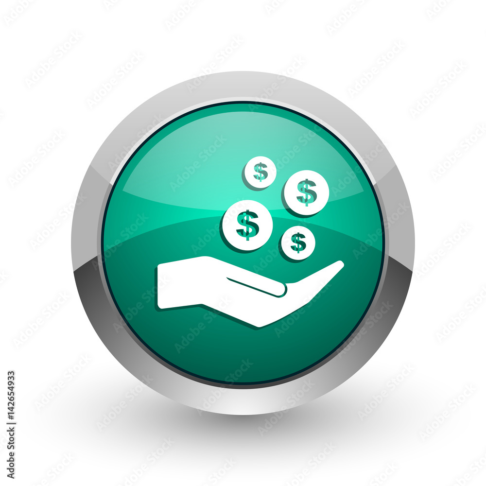 Aufkleber save money silver metallic chrome web design green round internet icon with shadow on white backgrou