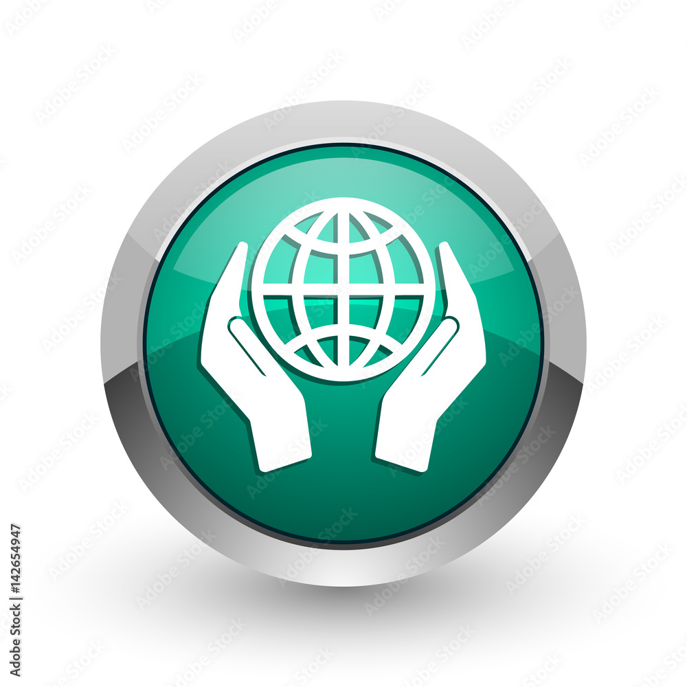Poster hand protect the earth silver metallic chrome web design green round internet icon with shadow on wh