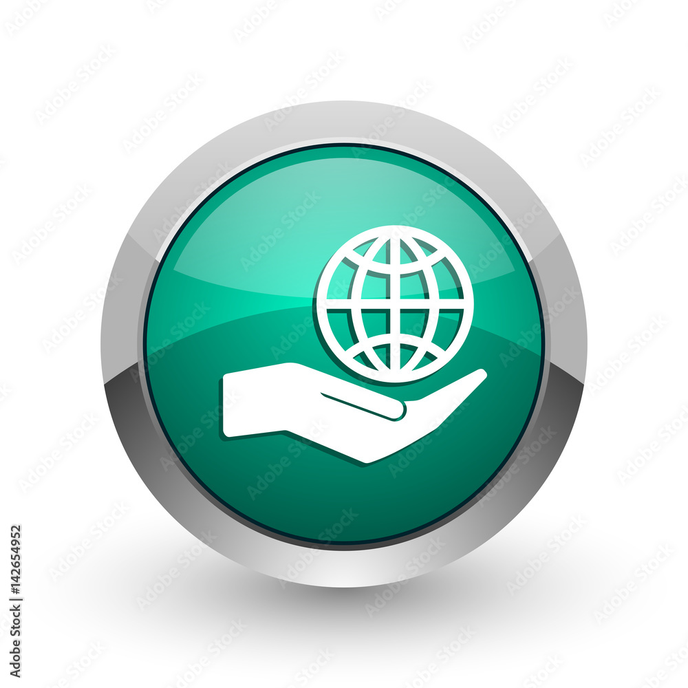 Poster hand protect the earth silver metallic chrome web design green round internet icon with shadow on wh