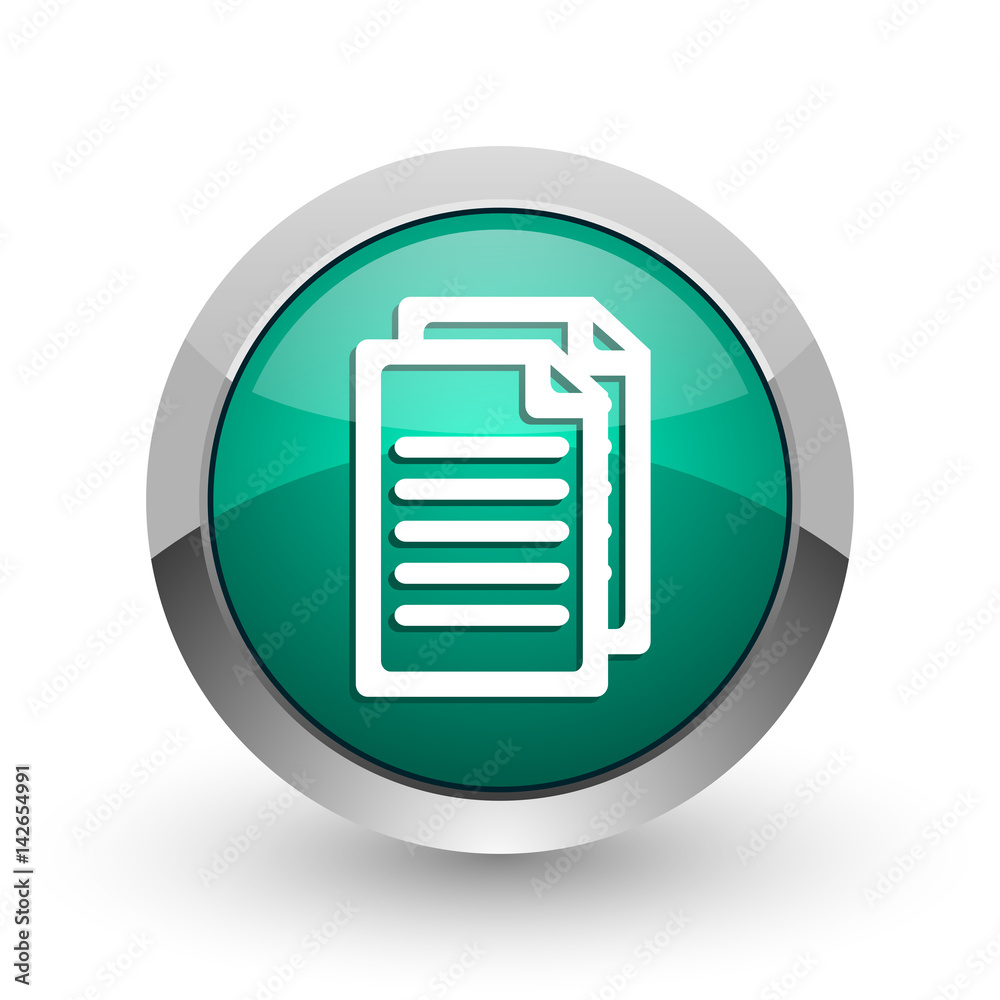 Aufkleber Document silver metallic chrome web design green round internet icon with shadow on white background.
