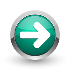 Right arrow silver metallic chrome web design green round internet icon with shadow on white background.
