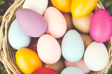 Easter eggs in grass against blurred green background. Spring holidays concept