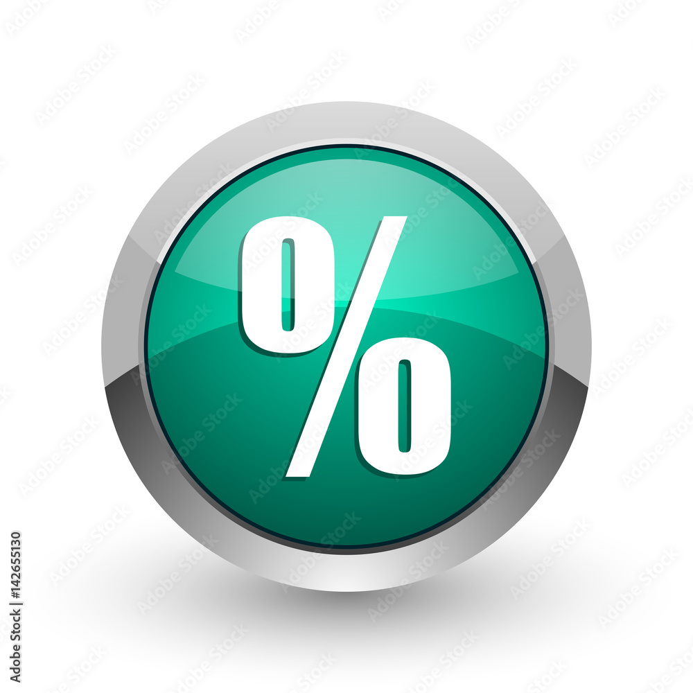 Aufkleber percent silver metallic chrome web design green round internet icon with shadow on white background.
