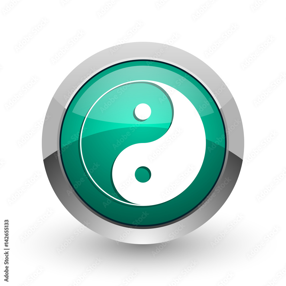 Poster Ying yang silver metallic chrome web design green round internet icon with shadow on white background.